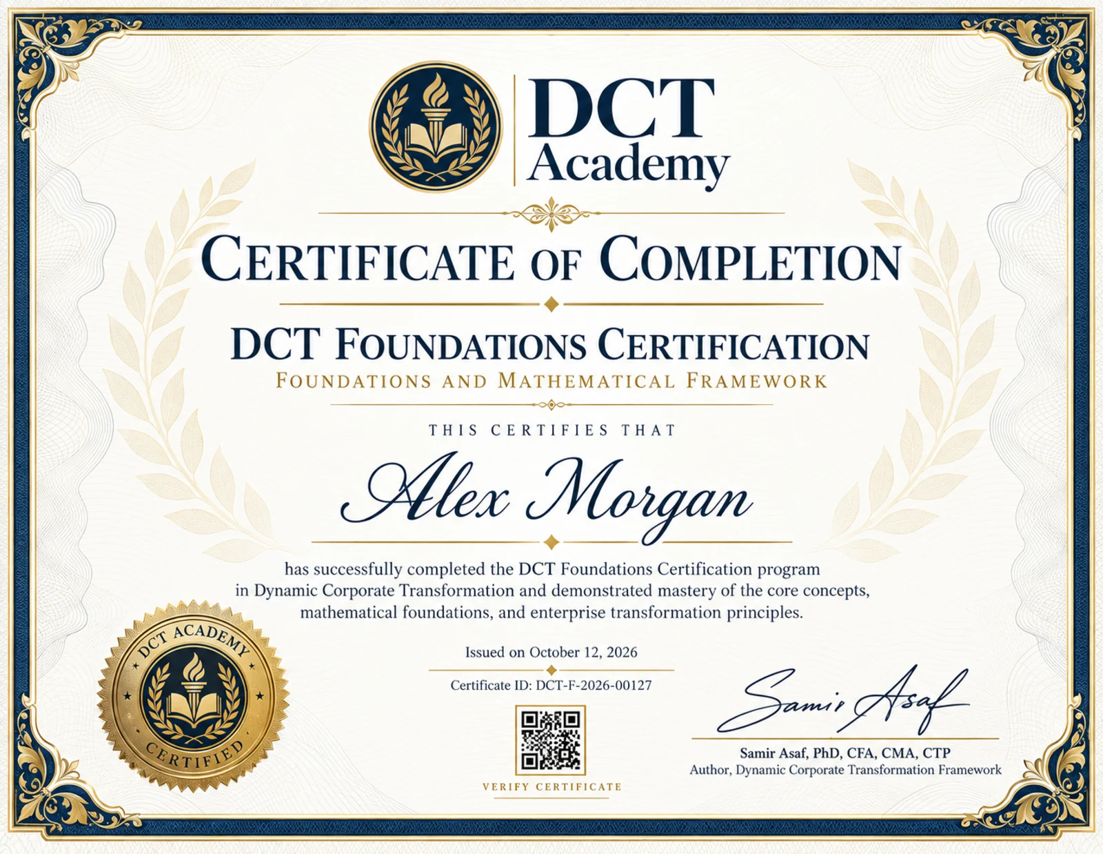 Sample Certificate: DCT Foundations Certification — Foundations and Mathematical Framework. Demonstration design, not an awarded credential.