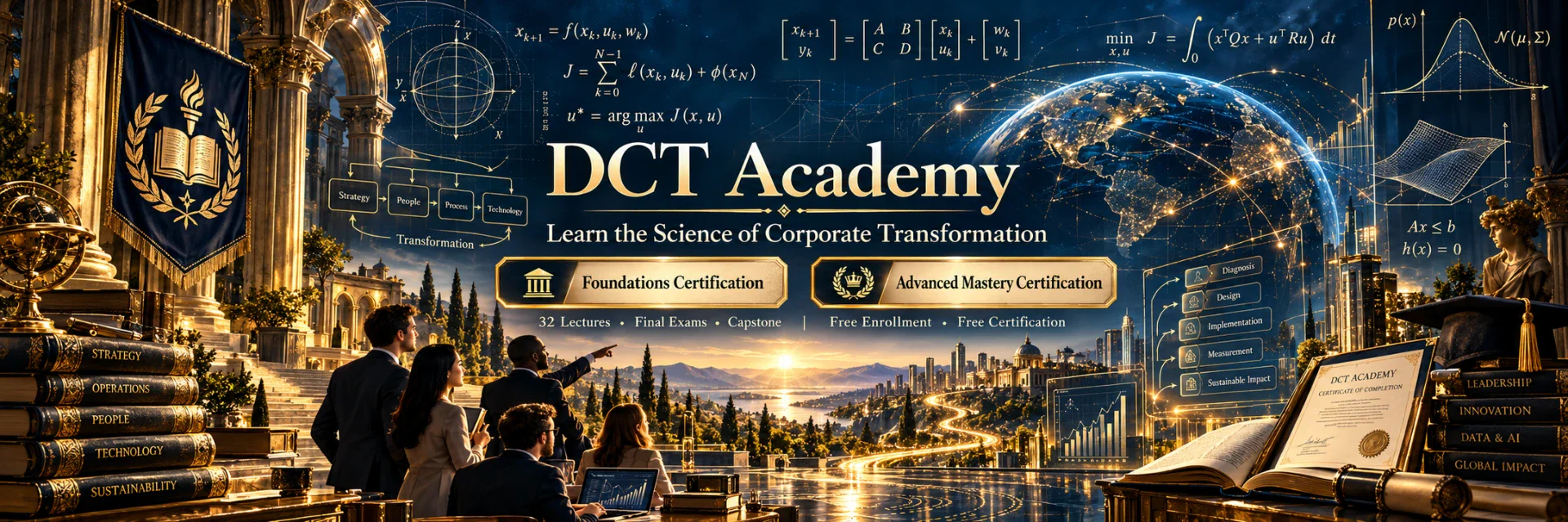 DCT Academy — Learn the Science of Corporate Transformation. Inside a golden academy hall at dusk, the DCT Academy seal hangs on a navy banner beside the glowing enterprise globe wrapped in the mathematics of transformation: the state equation, the running cost and the optimization of x, u. Two plaques name the Foundations Certification and the Advanced Mastery Certification, with the line thirty-two lectures, final exams and capstone, free enrollment and free certification. Around the hall: the strategy chain from strategy through people, process and technology to transformation; the five steps from diagnosis through design, implementation and measurement to sustainable impact; book stacks labelled strategy, operations, people, technology and sustainability, and leadership, innovation, data and AI, and global impact; the DCT Academy certificate and a graduation cap; and a group of learners following a glowing roadmap toward a city skyline.