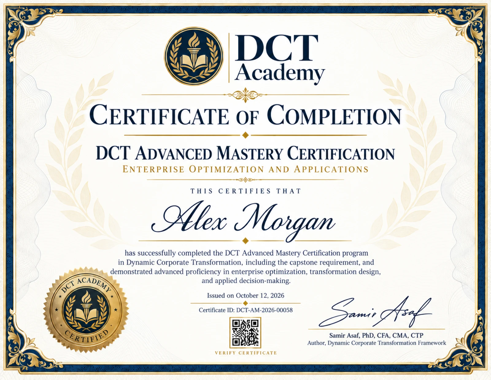 Sample Certificate: DCT Advanced Mastery Certification — Enterprise Optimization & Applications. Demonstration design, not an awarded credential.