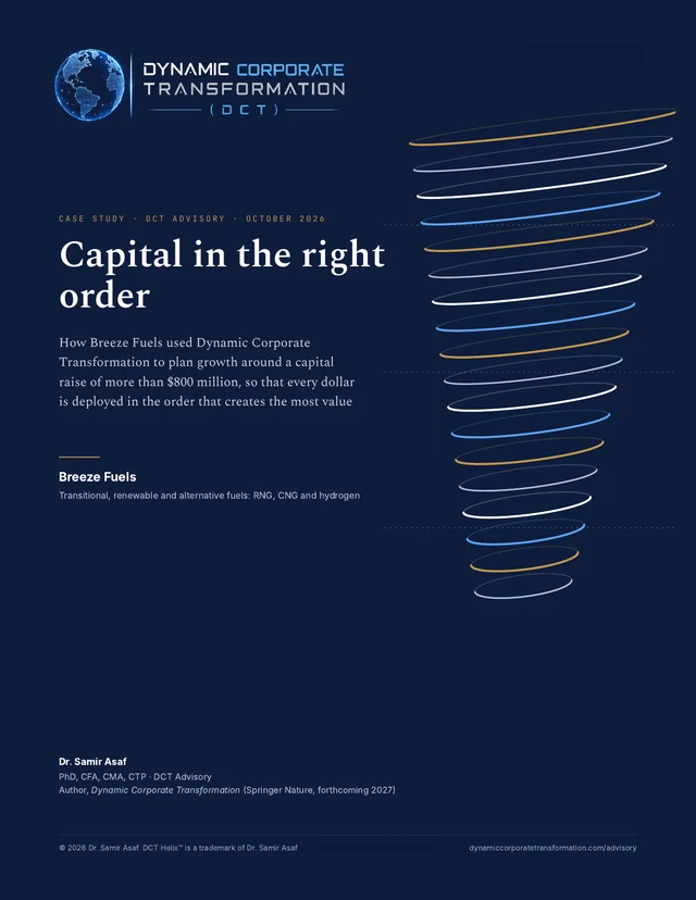 Cover of the case study Capital in the right order: a navy cover with the DCT logo and a rising helix