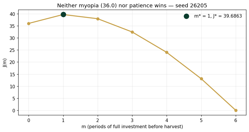 Neither myopia (36.0) nor patience wins — seed 26205