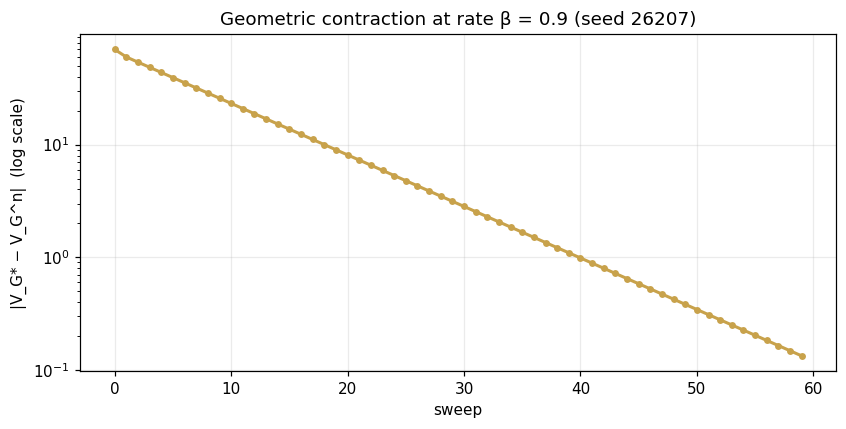 Geometric contraction at rate β = 0.9 (seed 26207)
